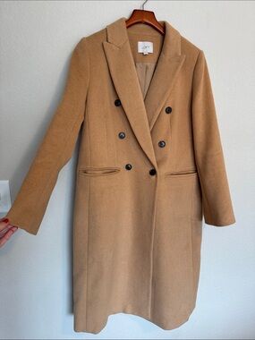 LOFT Camel Wool Blend Double Breasted Long Coat Overcoat